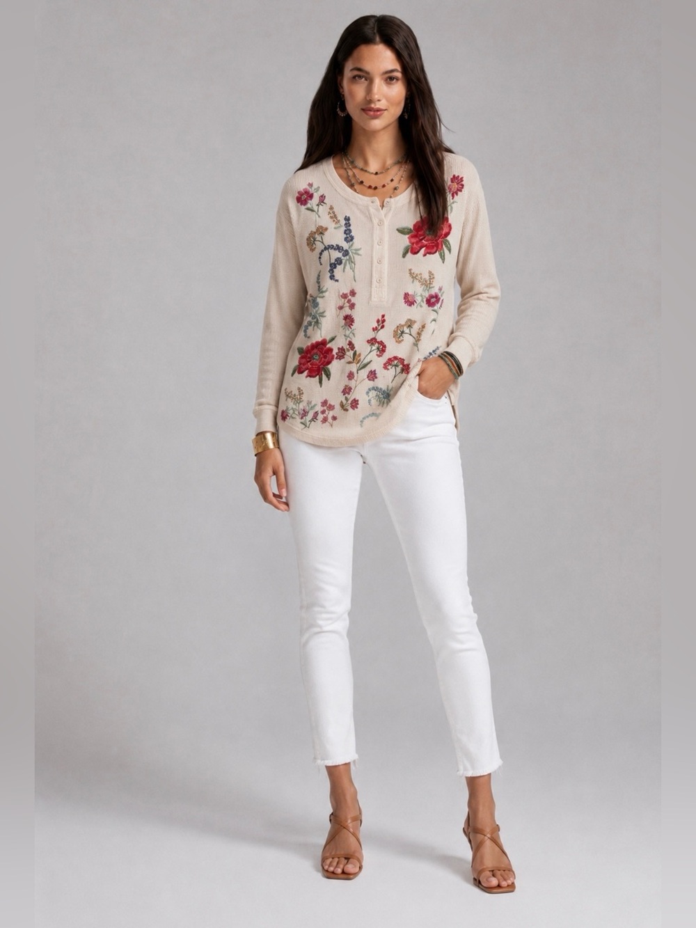 New🌺$178JohnnyWas Mixed Media Thermal Floral Embroidered Henley Top     Cream XL